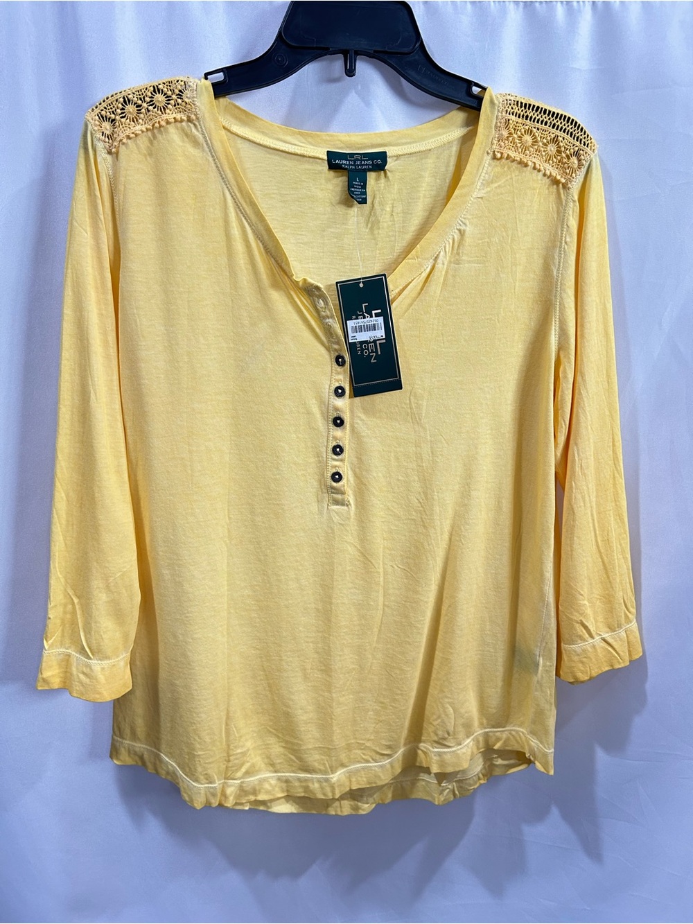 Lauren Ralph Lauren Yellow Distressed Crochet-Shoulder Henley Top